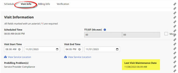 Visit Info Tab Locked Fields and Last Visit Maintenance Date Field